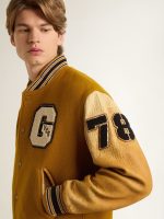 Ochre yellow wool bomber jacket with leather sleeves - Image 5