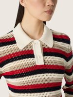 Women's cropped polo sweater in striped crochet cotton - Image 4