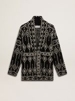Women's black cardigan with belt and crystals