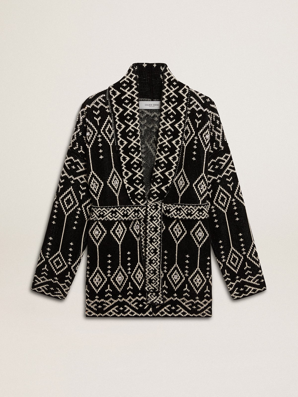 014fb746361bf43282d5778d7807ff6b86468ecb51f7702ba435b567c3ca8b18 Women's black cardigan with belt and crystals - Image 1