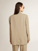 Women's beige pinstripe single-breasted jacket with an oversized fit - Image 4
