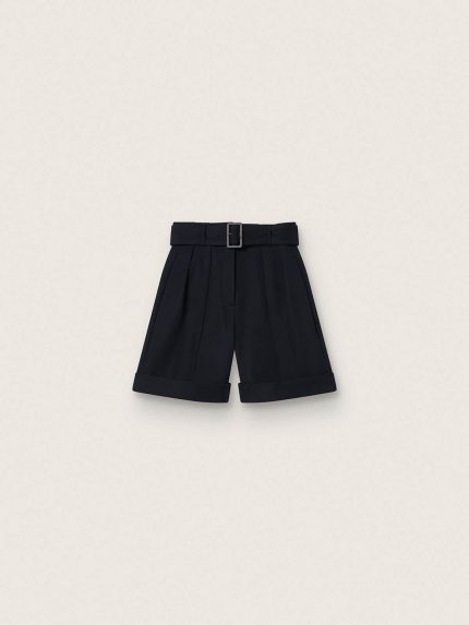 Women's shorts in dark blue wool gabardine with waist belt