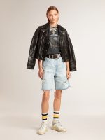Women's black leather biker jacket with glossy effect - Image 2
