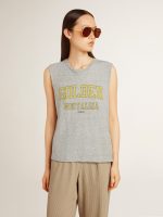 Women's gray sleeveless T-shirt with yellow print - Image 2