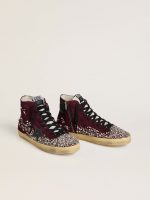 Women's Francy LAB in burgundy suede with glossy black leather star and rhinestones - Image 2