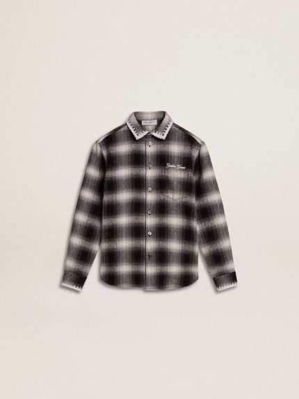 Kids' black and white checked shirt with white embroidery
