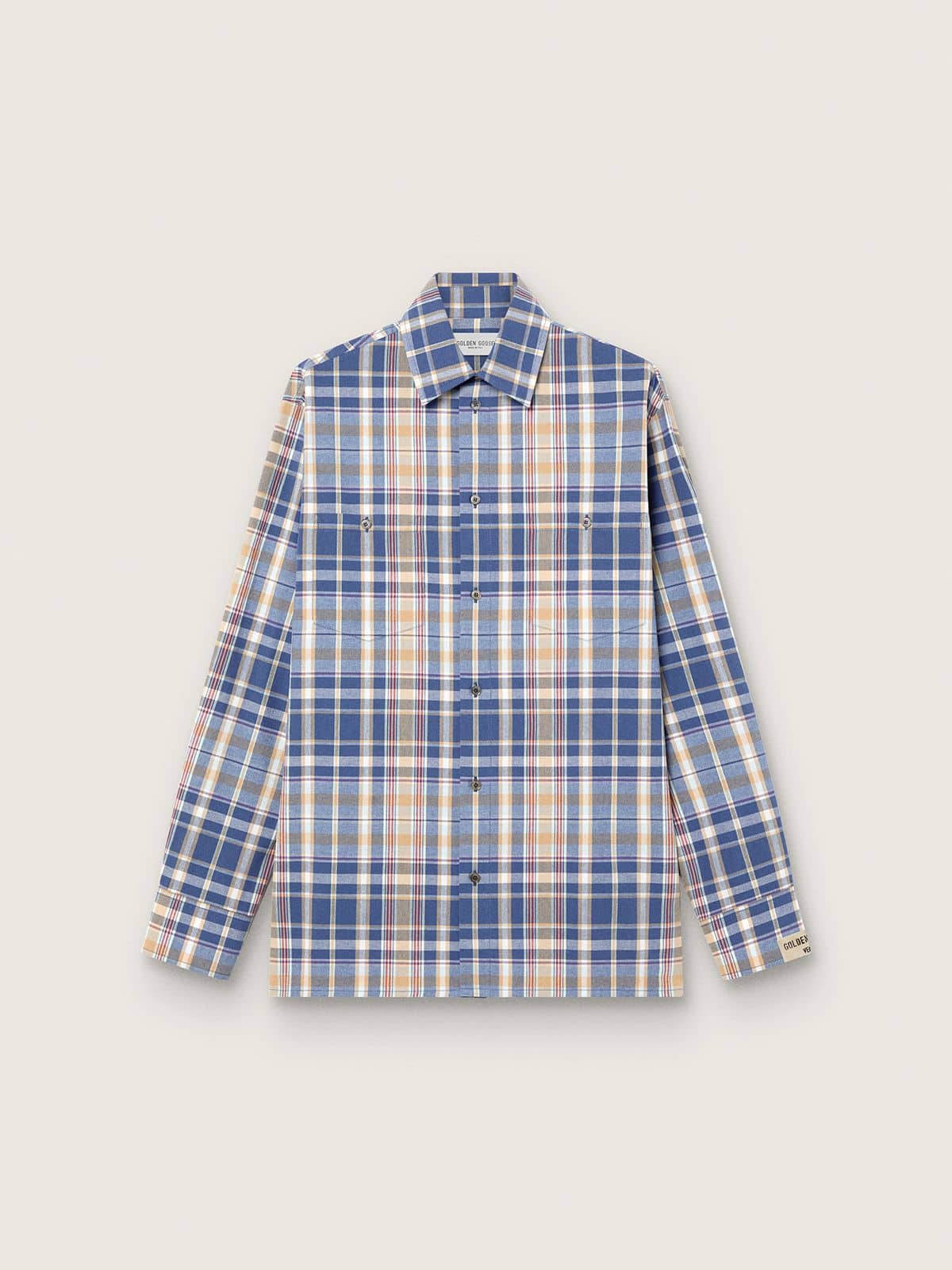 089cc00a8c803b0d198c46e4f98bcf9b5010dc5bf19fc1fd7a9c3634950ec86a Men's oversized shirt in indigo and beige checked cotton - Image 1