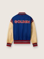 Men's blue varsity bomber jacket with beige leather sleeves - Image 2
