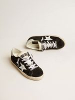 Women's Super-Star LTD in black suede with white printed star and silver glitter heel tab - Image 2