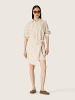 Women's ecru cotton shirt dress with beige and brown stripes - Image 3