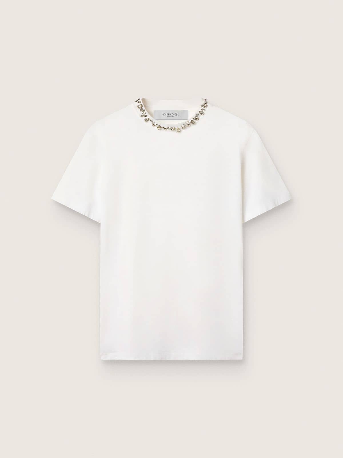 0b260fefaa516939e2b393bb91f25e2f189a96d3dd7187c3890a833110350801 Women's white T-shirt with cabochon crystals - Image 1