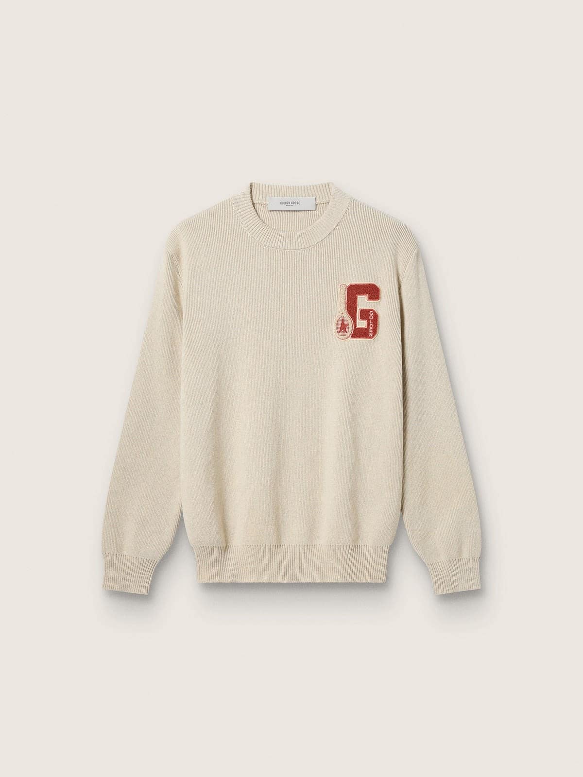 0b73e97cd48708e0511383ddb5af4e6f1f9abe253f2a5e989a74c3214fdb8c5c Unisex crew-neck sweater in beige cotton with patch on the front and logo on the back - Image 1