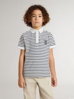Boys' white cotton polo with navy blue stripes and embroidery - Image 2