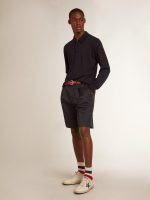 Men's long-sleeved polo shirt in navy-blue merino wool - Image 3
