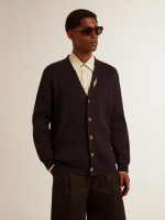 Golden Collection cardigan in dark blue cotton with a distressed finish - Image 2