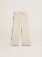 Girls' wide ribbed cream-colored trousers with embroidery