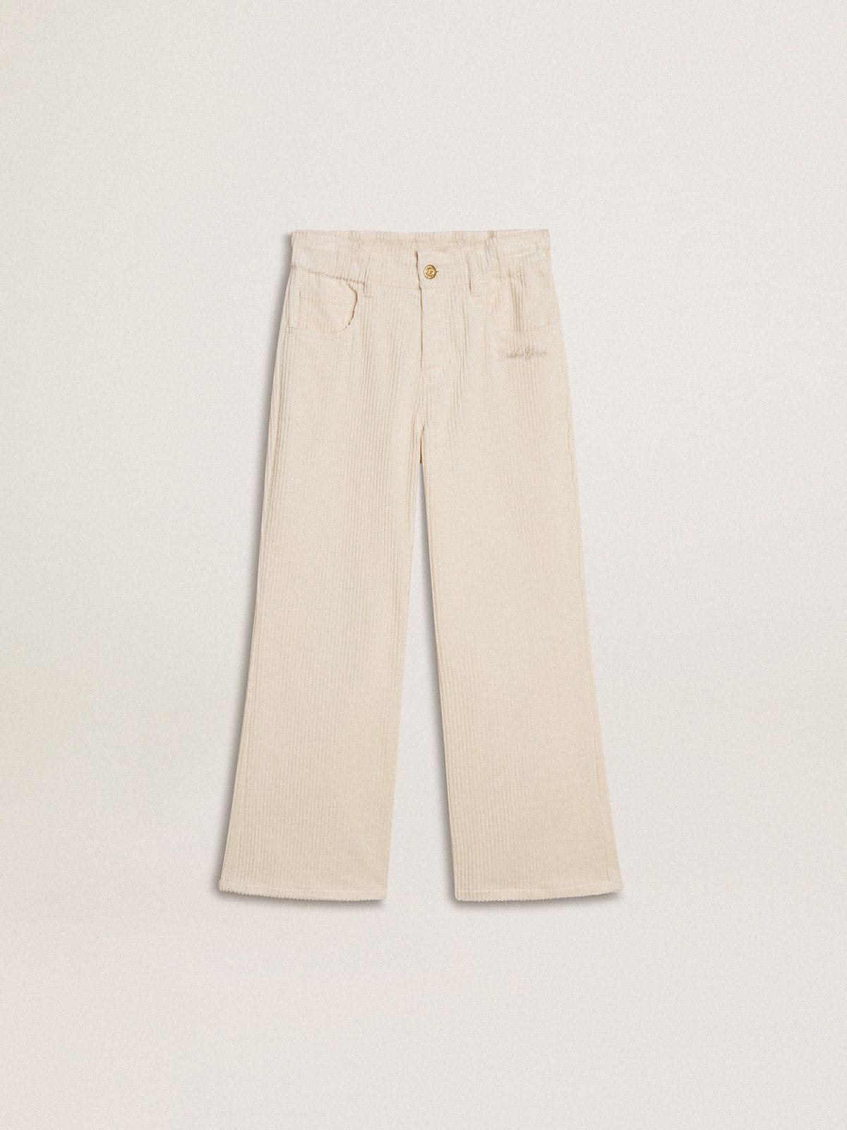0c81d5190f895a9251e4184d99c026b054e33afef7a1b230814195a2cc91ff90 Girls' wide ribbed cream-colored trousers with embroidery - Image 1