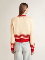 Women's cardigan in cream with red stripes - Image 4