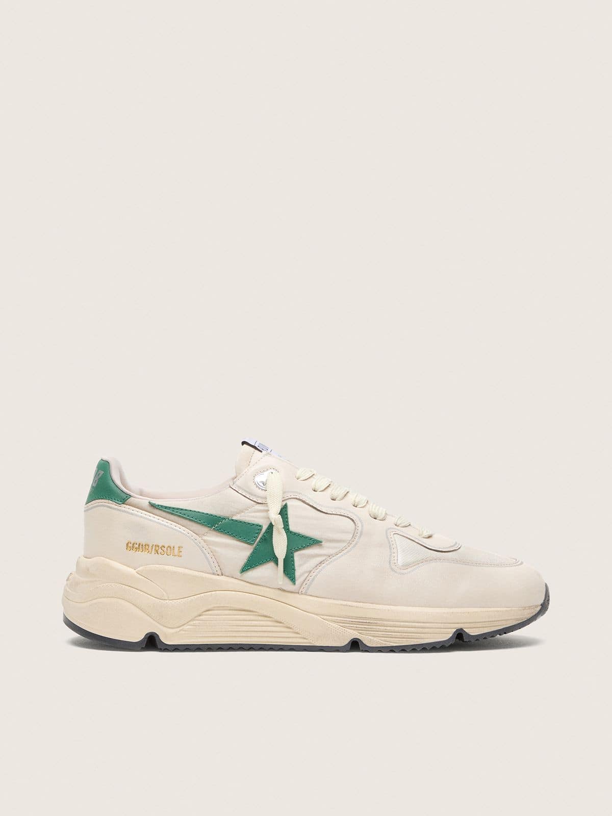 0ca1c3efcb1e4493a89fe23e668b2bab539f40b2e7987bd8f95cb8767e17a306 Men's Running Sole in cream nylon and leather with green leather star - Image 1