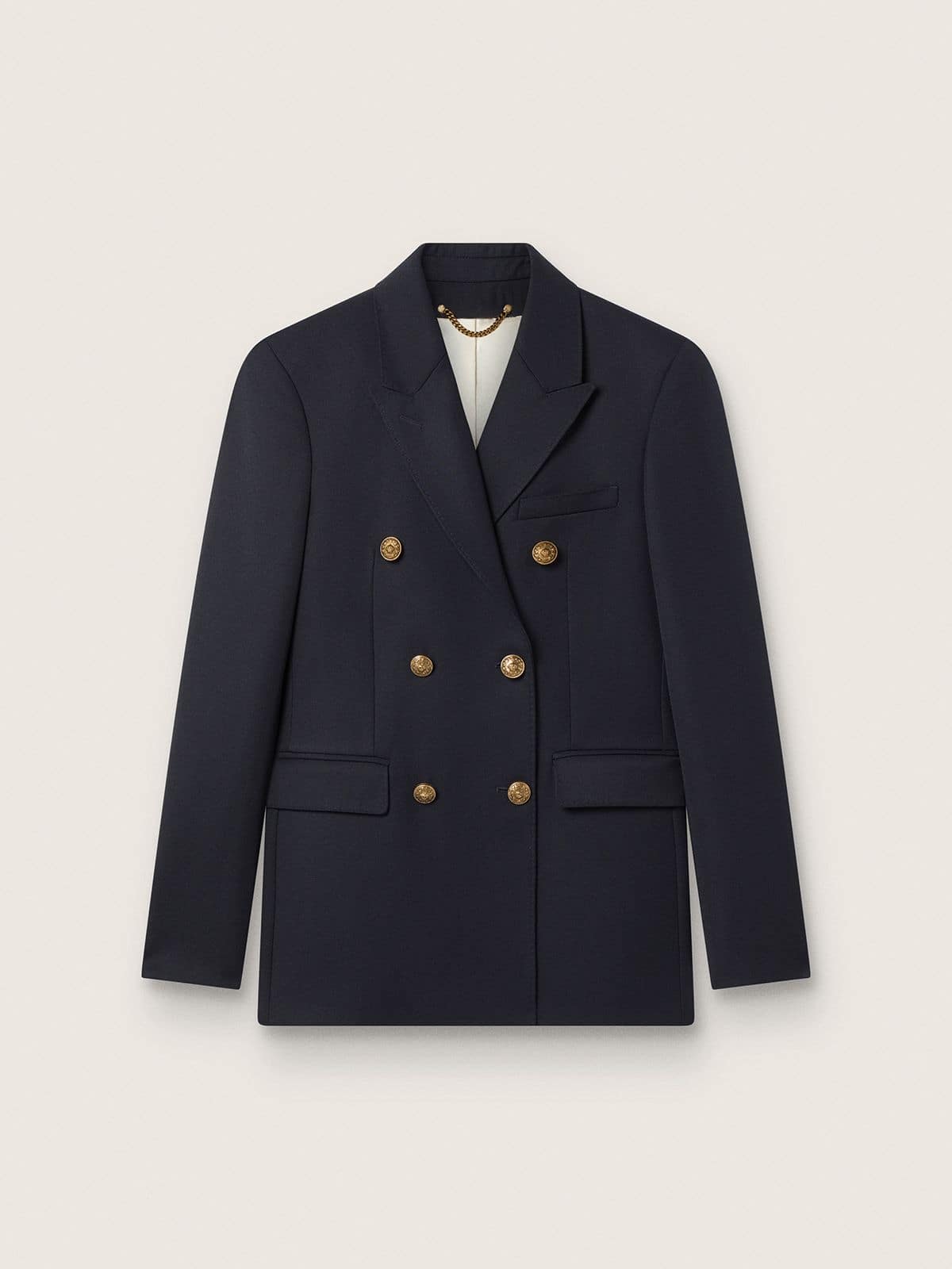 0d1122e163af921387bb8f4dca3da3493322bd41ebdb7669a353779c8d827a53 Women's double-breasted dark blue blazer - Image 1