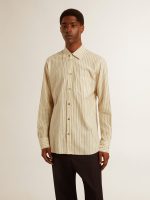 Men's ecru cotton shirt with narrow black stripes - Image 2