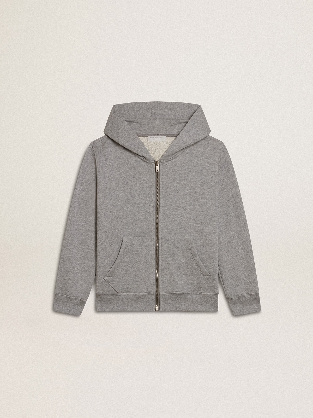 0e595d54e951b1d9a6c4d146cb2e6e4859f9974b3fb623942f5223e98ad85785 Gray melange hooded sweatshirt with print on the back - Image 1