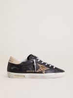 Women's Super-Star in black nappa leather with zebra-print pony skin star and beige leather heel tab