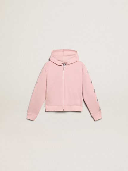 Pink sweatshirt with hood and silver glitter stars