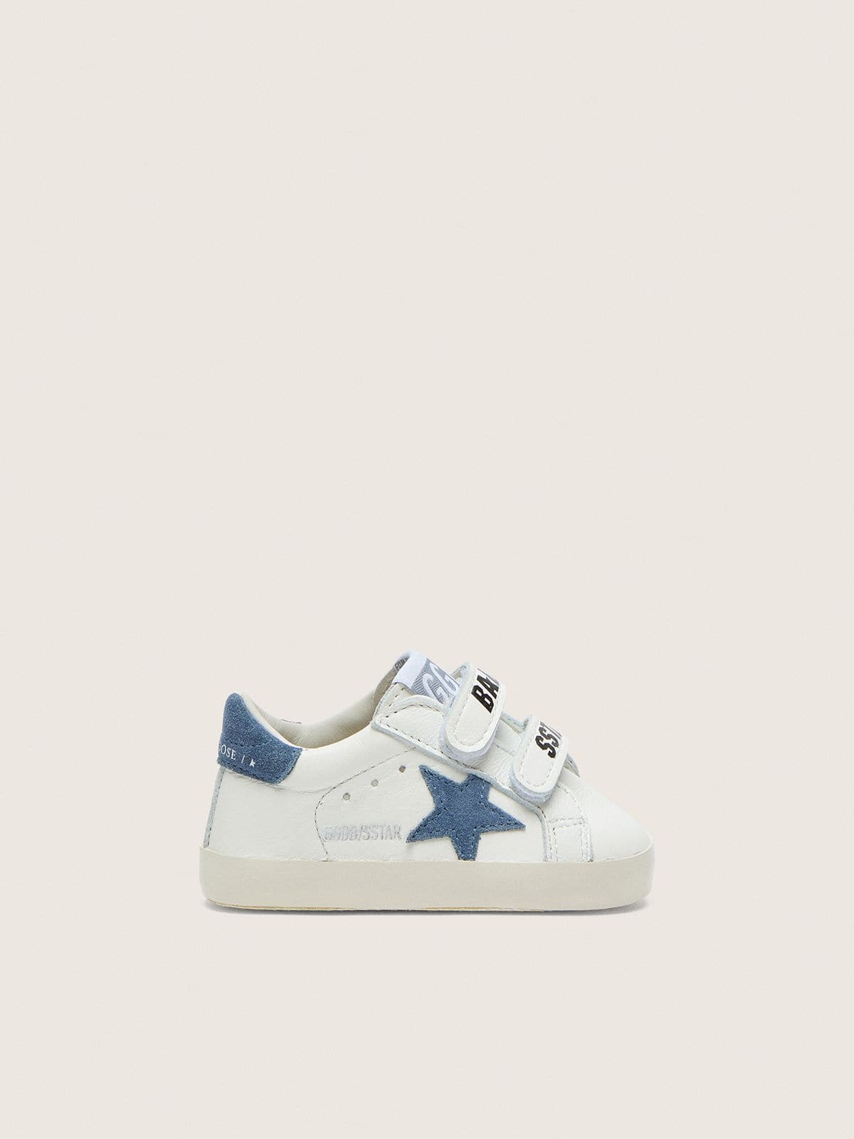 0ffdfc91516863a9ec51c28369ac4d57e408d1a199b65e63830fbd9d8d8f20c7 Baby Old School in white leather with denim-blue suede star - Image 1