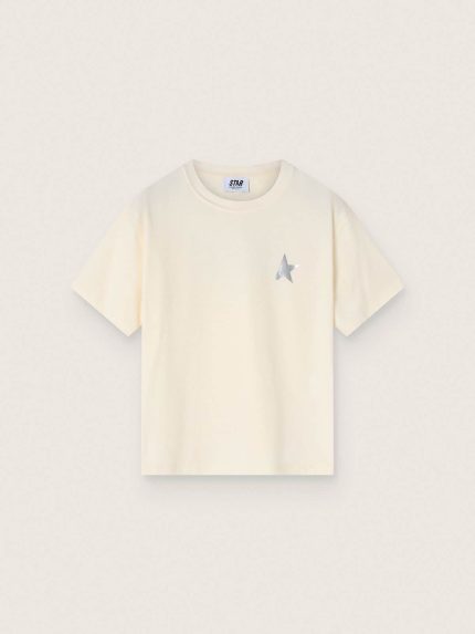 Kids' white cotton T-shirt with silver print