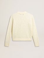 Women's crew-neck sweater in white merino wool with all-over crystals - Image 2