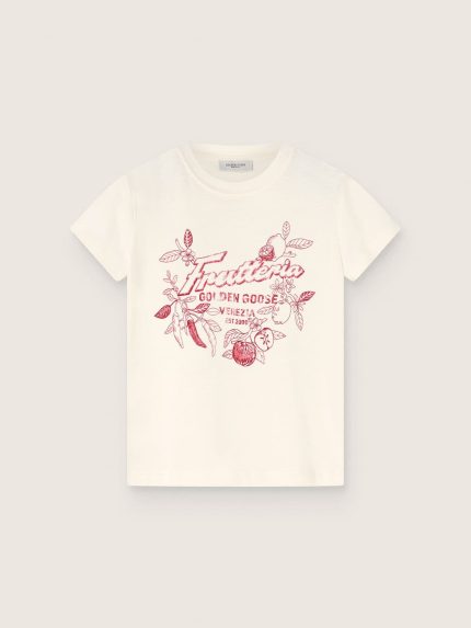 Kids' white cotton T-shirt with ���Frutteria Golden��� print
