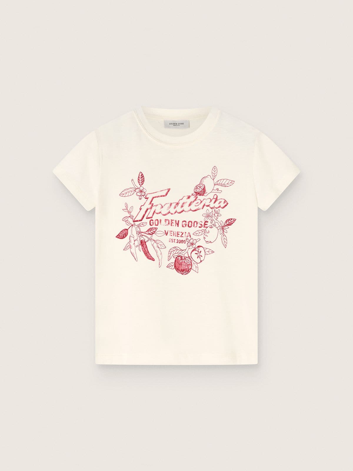 105756fb1c19f74dbb79d2854d3efecb360bf8520db748c7a1963f276f6e25f1 Kids' white cotton T-shirt with ���Frutteria Golden��� print - Image 1