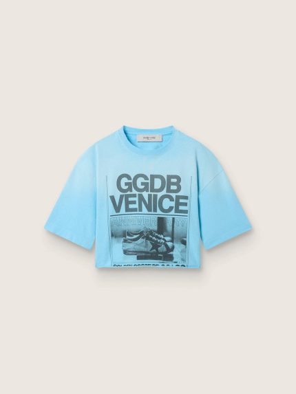 Women's cropped T-shirt in light blue cotton jersey with graphic print