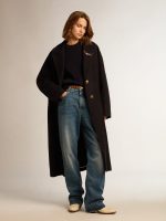 Women's single-breasted cocoon coat in dark blue wool with gold button - Image 3
