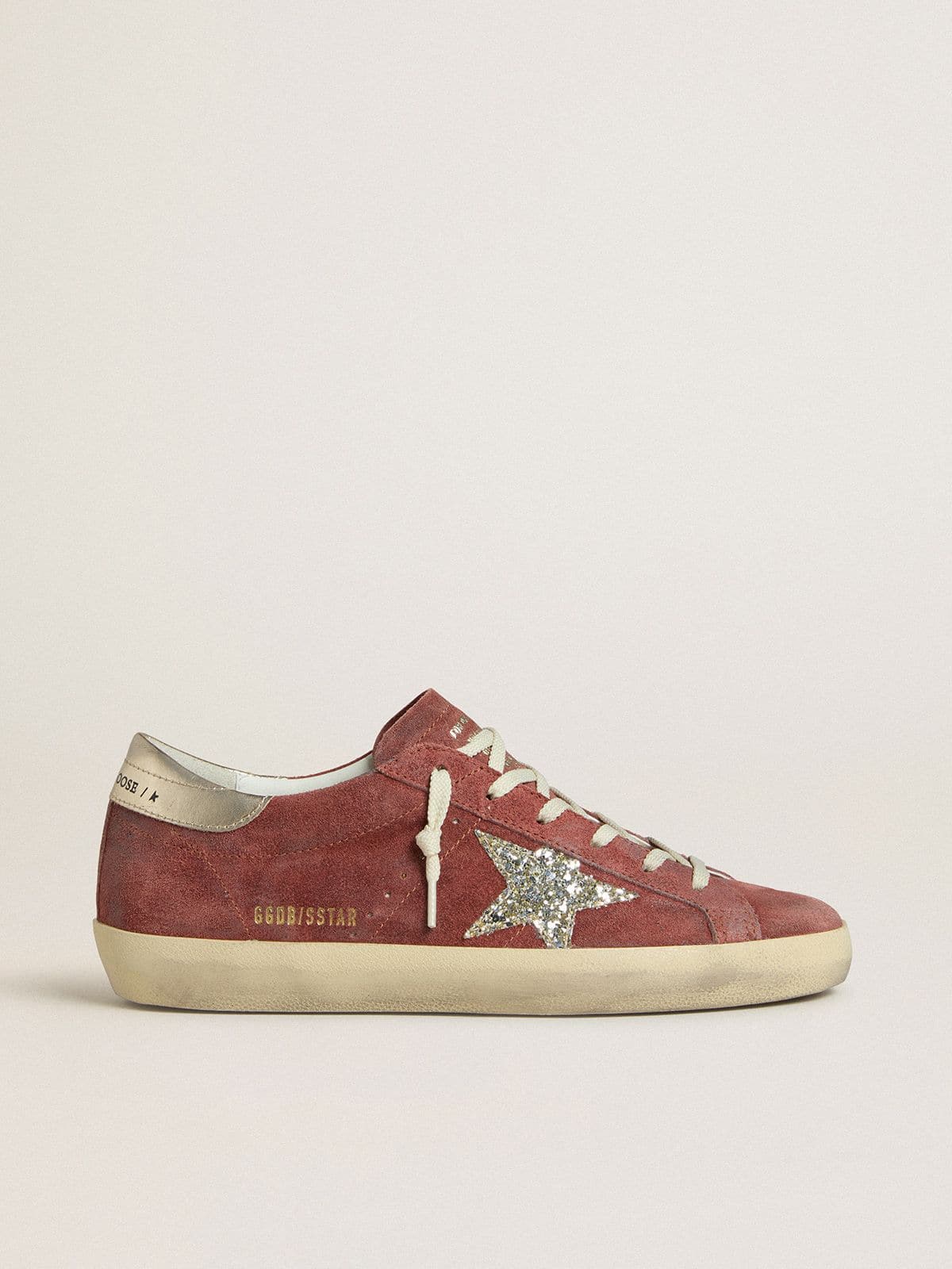 13604635b1096a07d50940b7f15536a728a2dc15330d96efab67032f4472ff49 Women's Super-Star LTD in red suede with silver glitter star and laminated leather heel tab - Image 1
