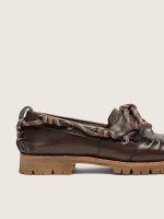 Women's Cruise loafers in dark green leather with dove-gray hiking laces and raised floral motif - Image 4
