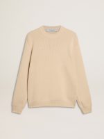 Men's beige crew neck sweater with 'Golden' lettering on the back