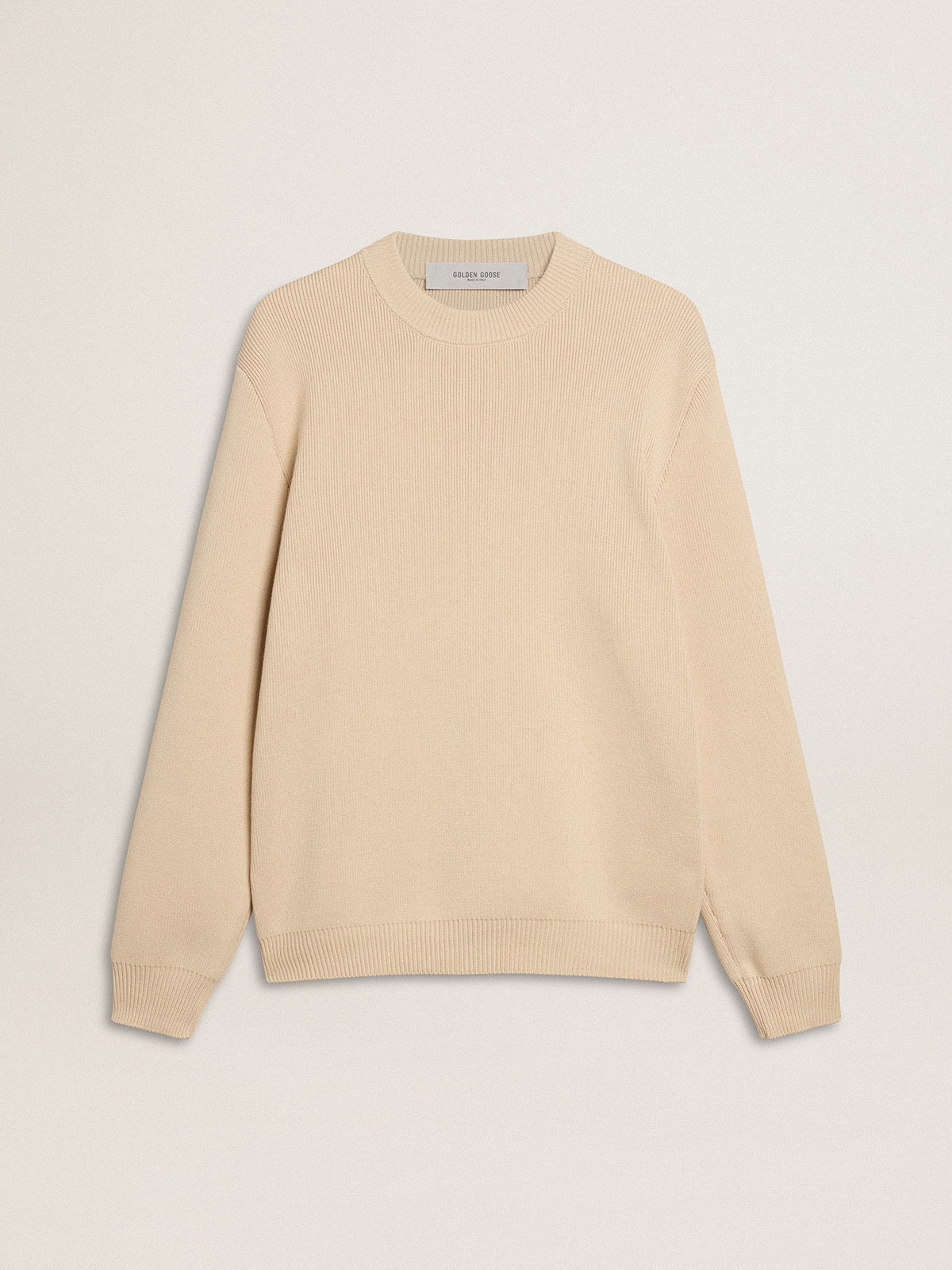 15cd8dc246156fa47601cc3b6720f434e1c65af6cfab1f8a36e3f174487affc7 Men's beige crew neck sweater with 'Golden' lettering on the back - Image 1