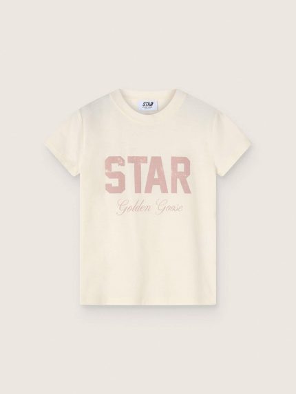 Girls' white cotton T-shirt with pink print