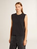 Sleeveless T-shirt in worn-black with tone-on-tone gradient embroidery - Image 2