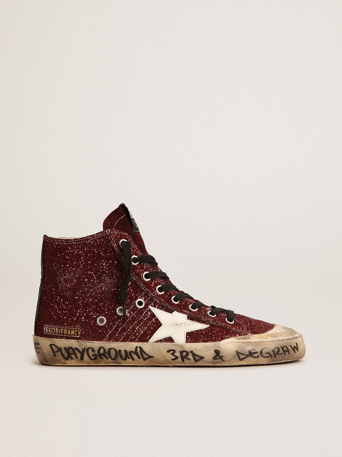 176943dc2a8cf53eeebfbd9af4f5303cc8d438649f852dcd3e3146b60a131011 Francy Penstar in burgundy glitter with white leather star - Image 1
