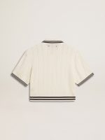 Women's cropped worn-white cotton polo shirt with blue ribbing - Image 2