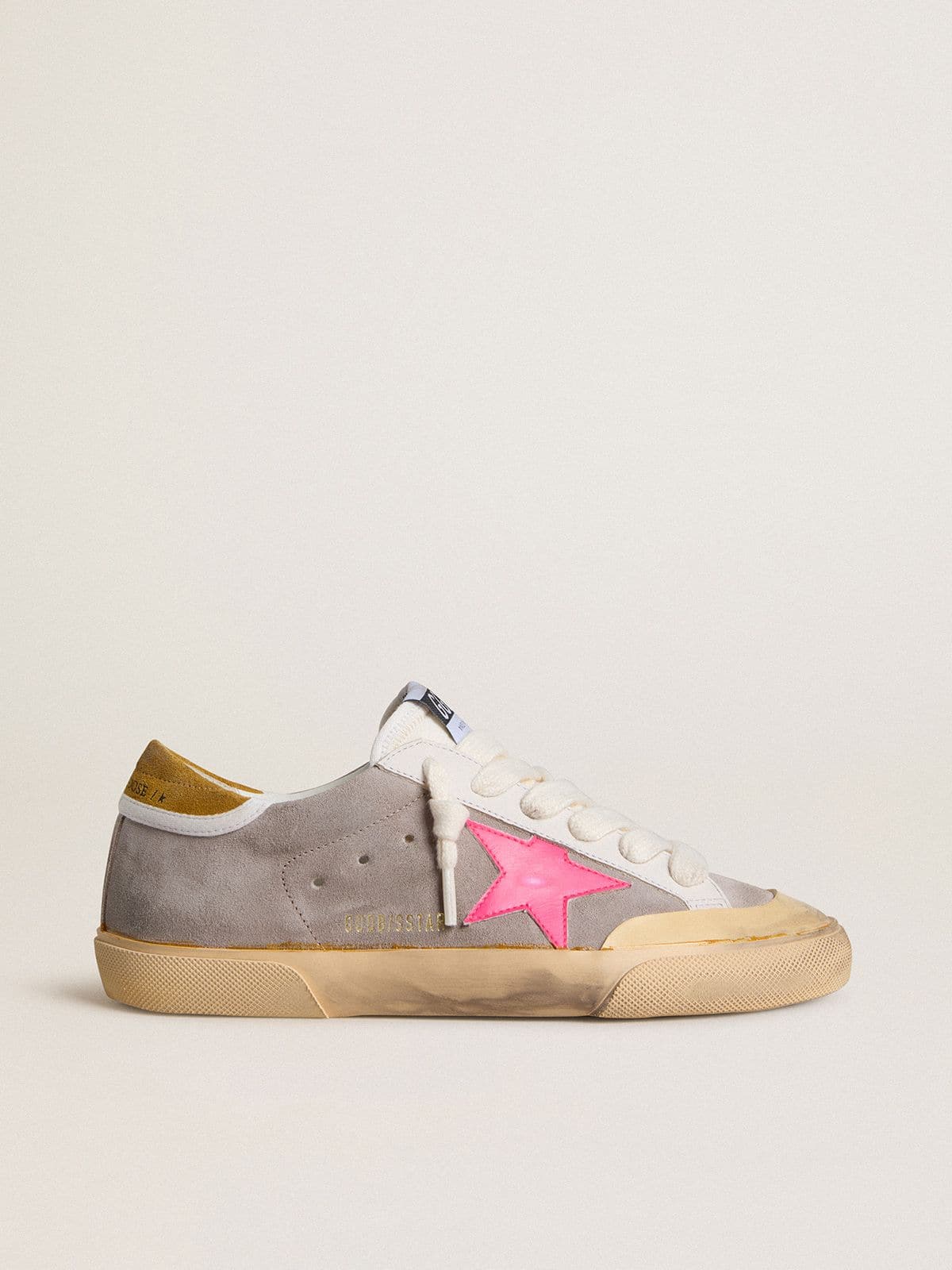19576bb35efd872eada5cc0af75b10b32ca80c61a9f6bd3d99d0d95ed51e3c32 Women's Super-Star in dove-gray suede with fuchsia leather star and ocher suede heel tab - Image 1