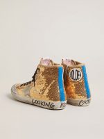 Francy Penstar in gold paiettes with suede star and bright blue heel tab - Image 4