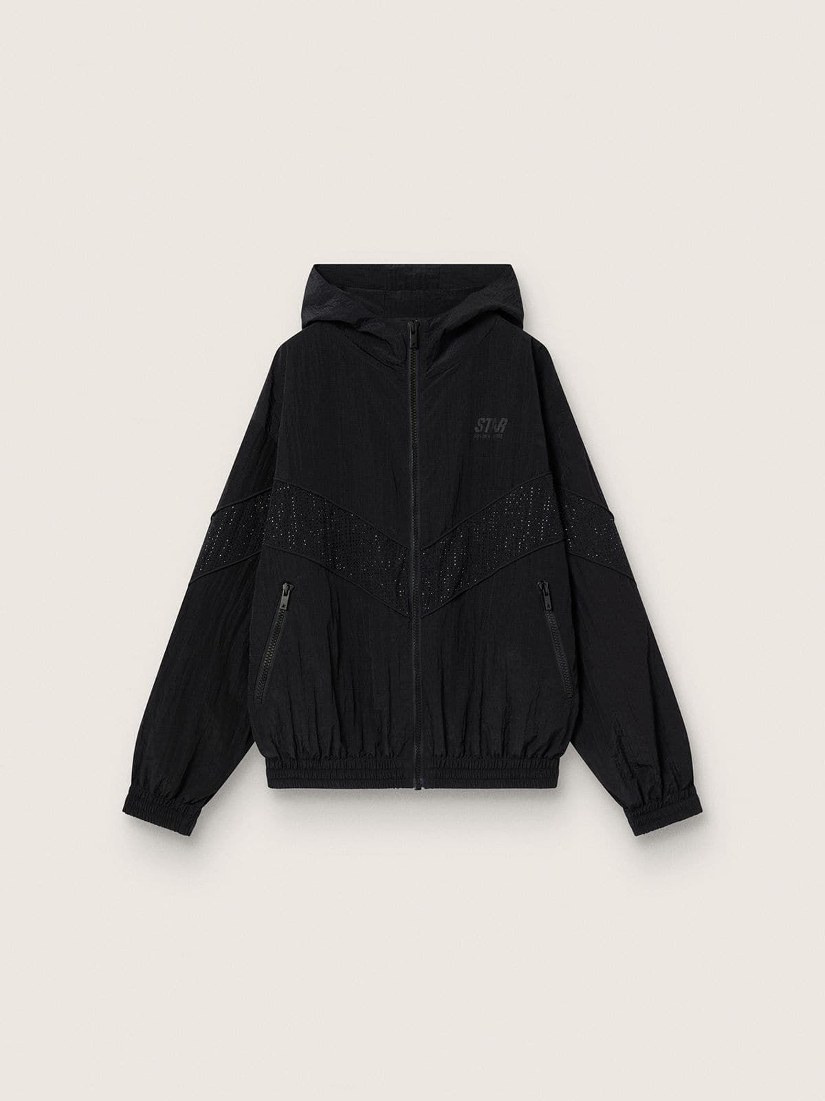 19ec6453898a3a6954604bb38f8696d4a637a65c84513ecce3a597f81a13aa4b Women's windcheater in black nylon with tone-on-tone crystals - Image 1