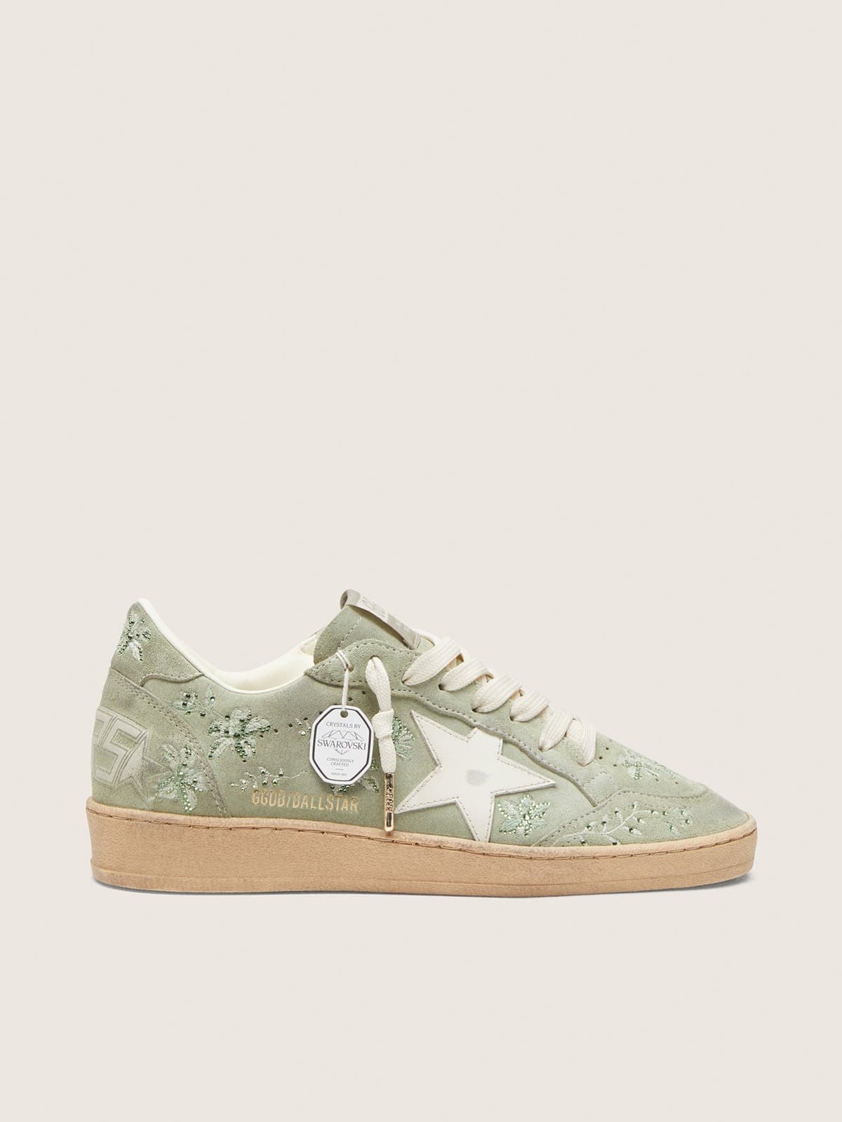 1a158dbb4605985b68c04ae1cc08f07e917167b7890f76447a4e5259ac6764a9 Women's Ball Star in sage-green suede with white leather star and tone-on-tone Swarovski floral embroidery - Image 1