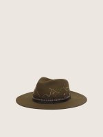 Olive-green fedora hat with brown ribbon and desert-themed embroidery - Image 2