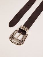 Women's belt in black leather with silver decorated buckle - Image 2