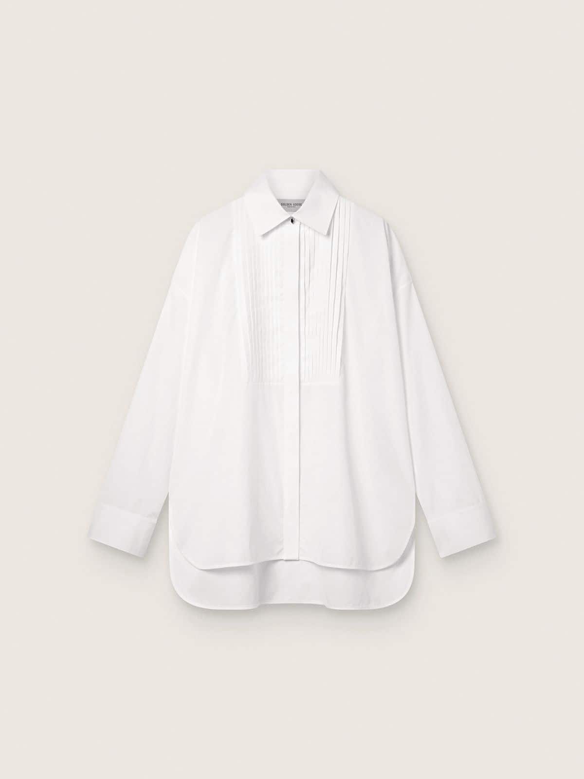 1b76b7588684c6354dd19eb8b3a1229c8d1ae6a3e7dde0c729b90b361a7116f0 Women's oversized shirt in white cotton with pleated detail and jewel buttons - Image 1